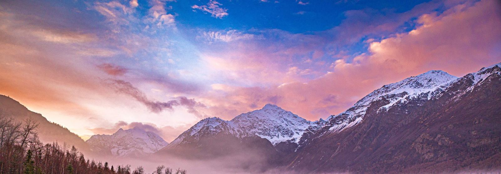 Snow-covered Alaska mountain peaks above a forested valley