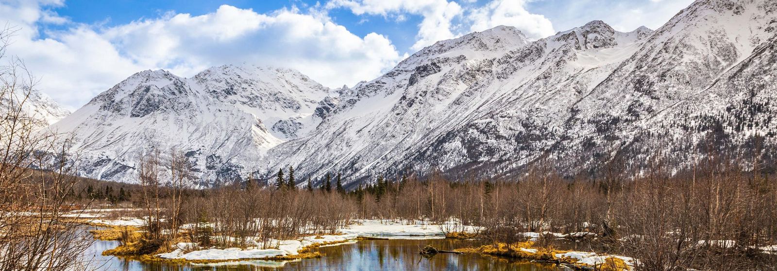 Snow-covered Alaska mountains above a spring wetland near Eagle River